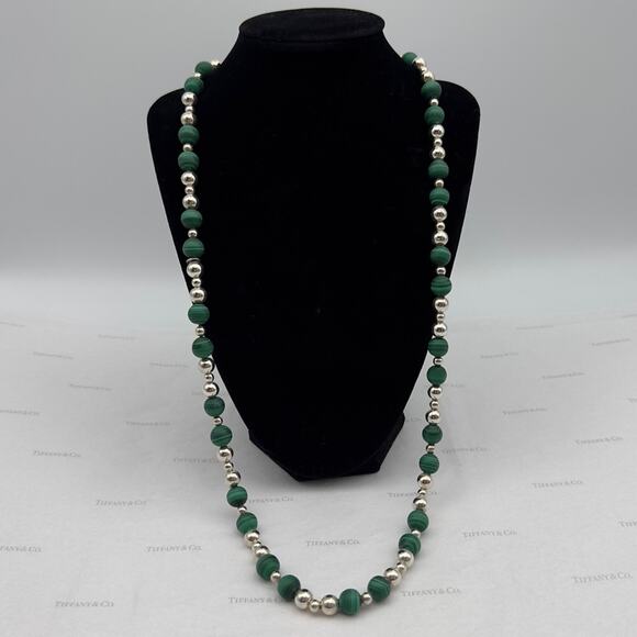 Tiffany & Co Green Malachite Sterling Silver Beads 30" Vintage Necklace Gift Box - Picture 6 of 10